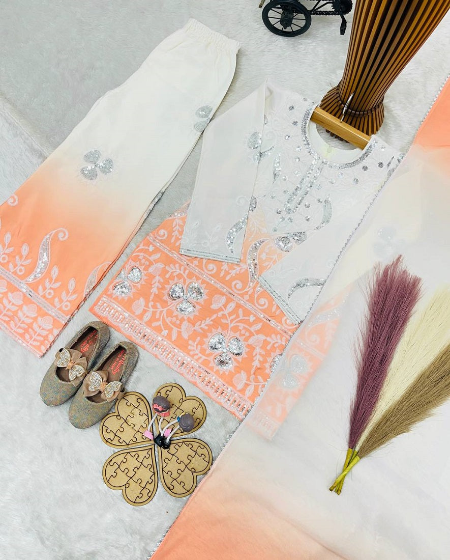 Evanik Peach Designer Party Wear Heavy Natural Crepe Kids Top Palazzo & Dupatta Set | Grocsy