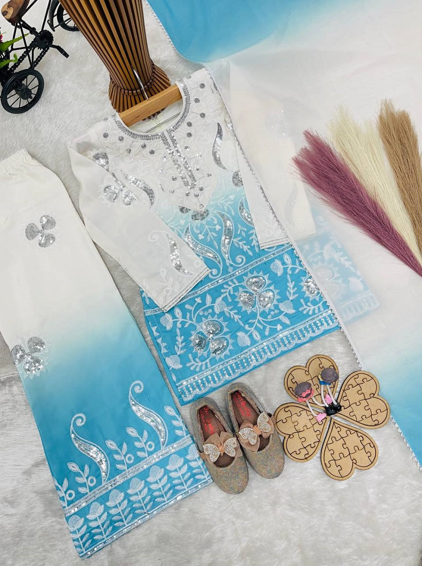 Evanik Sky Blue Designer Party Wear Heavy Natural Crepe Kids Top Palazzo & Dupatta Set | Grocsy