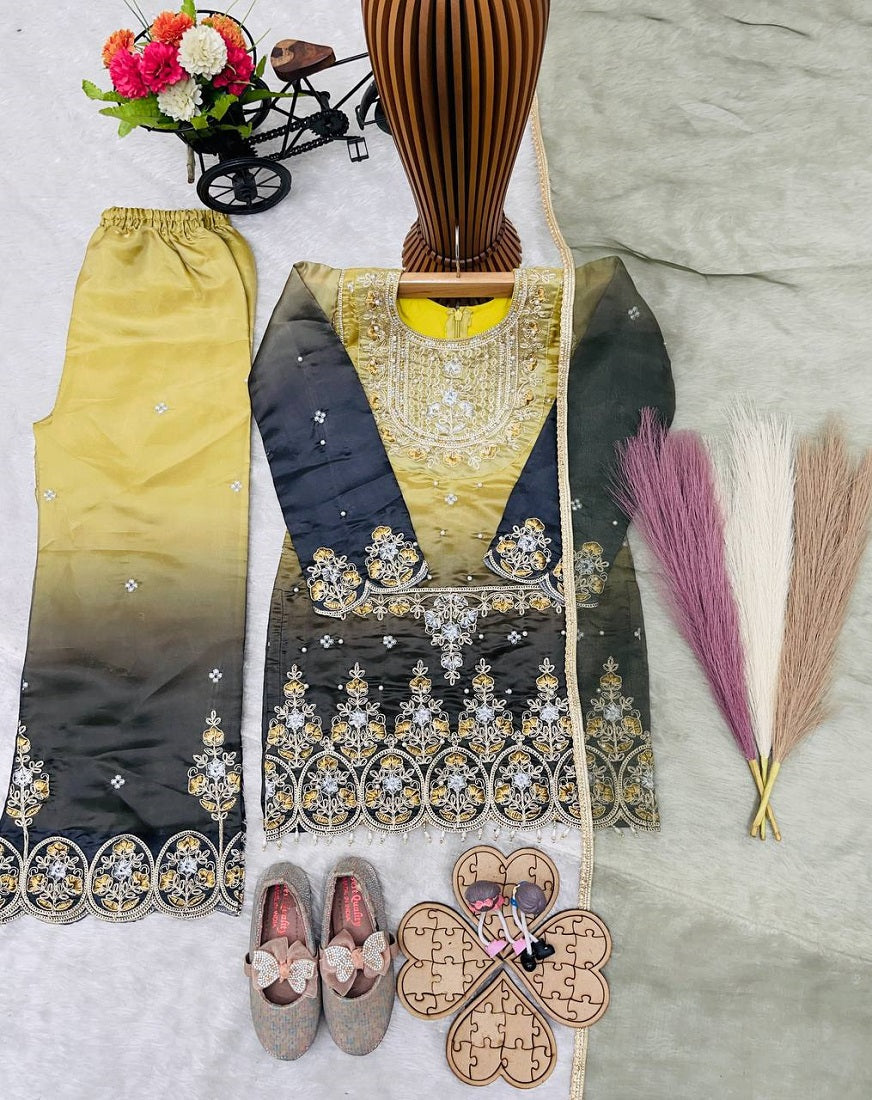 Evanik Kids Multicolor Heavy Silk Embroidered Work Salwar Suit | Grocsy