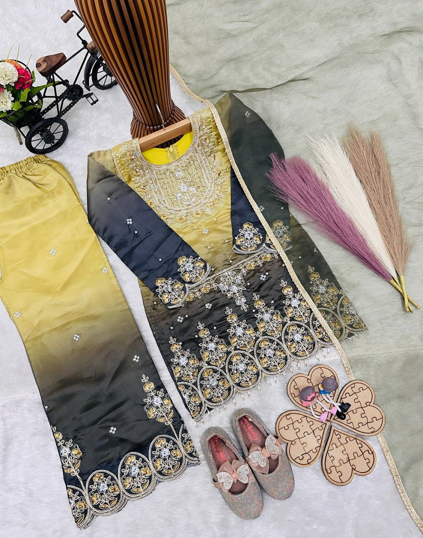 Evanik Kids Multicolor Heavy Silk Embroidered Work Salwar Suit | Grocsy