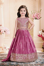 Evanik Designer Pink Chinon Silk Embroidered Work Wedding Lehenga For Kids | Grocsy