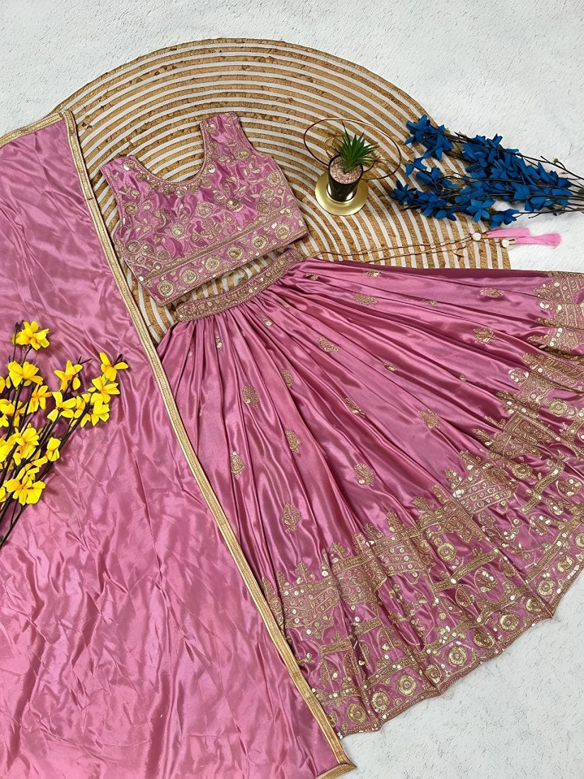 Evanik Designer Pink Chinon Silk Embroidered Work Wedding Lehenga For Kids | Grocsy