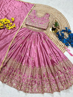 Evanik Designer Pink Chinon Silk Embroidered Work Wedding Lehenga For Kids | Grocsy