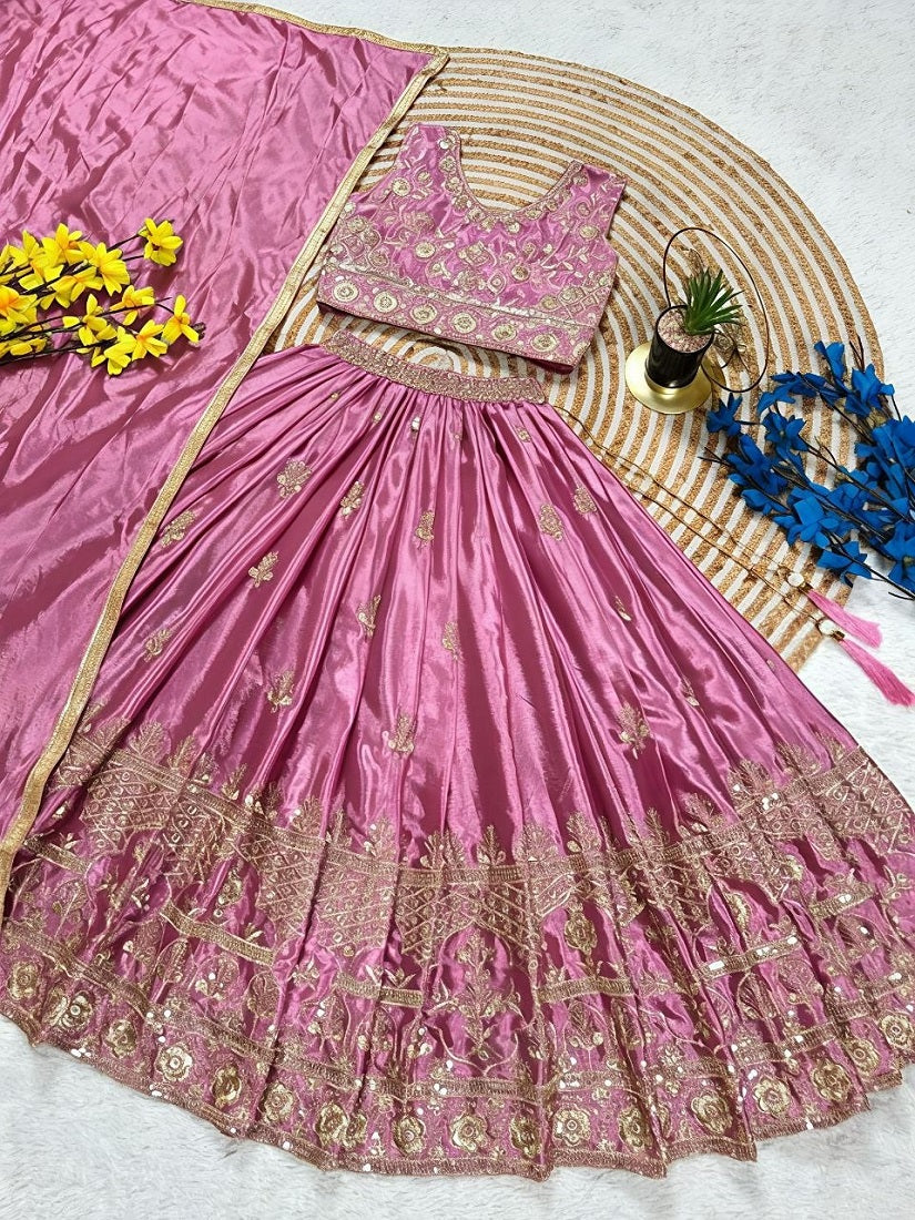 Evanik Designer Pink Chinon Silk Embroidered Work Wedding Lehenga For Kids | Grocsy
