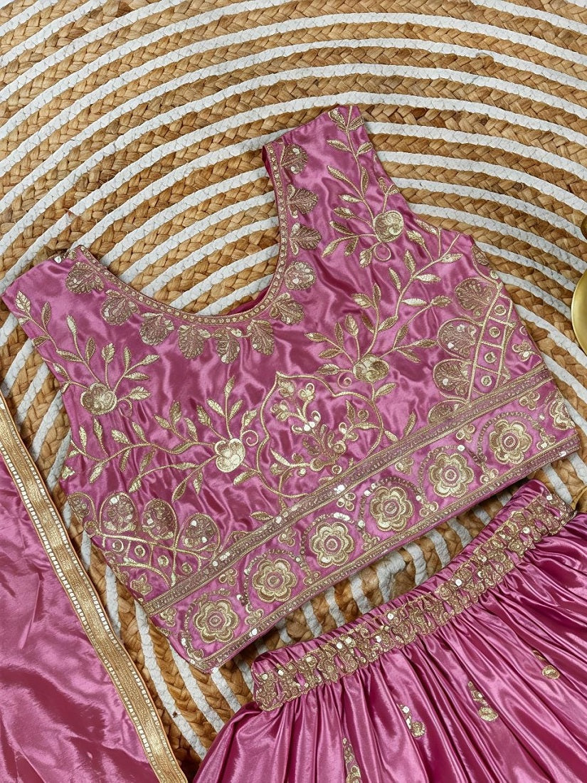 Evanik Designer Pink Chinon Silk Embroidered Work Wedding Lehenga For Kids | Grocsy
