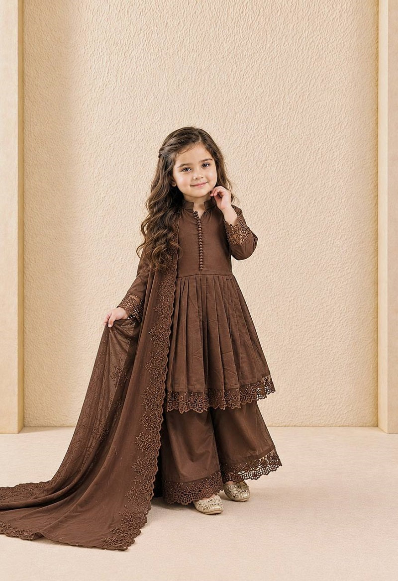 Evanik Girls Brown Roman Silk Pleated Anarkali Kurta with Palazzo & Dupatta Set | Grocsy