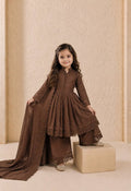 Evanik Girls Brown Roman Silk Pleated Anarkali Kurta with Palazzo & Dupatta Set | Grocsy