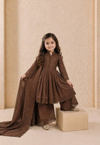 Evanik Girls Brown Roman Silk Pleated Anarkali Kurta with Palazzo & Dupatta Set | Grocsy