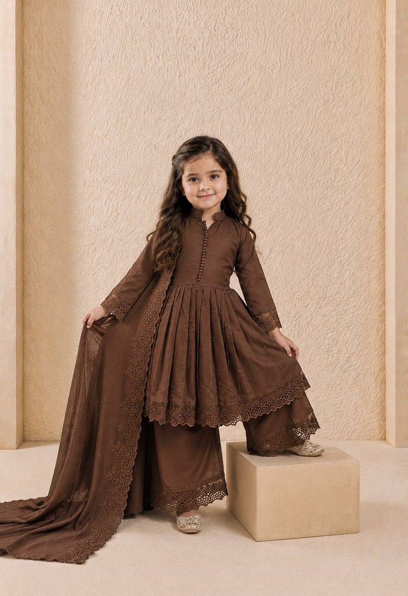 Evanik Girls Brown Roman Silk Pleated Anarkali Kurta with Palazzo & Dupatta Set | Grocsy