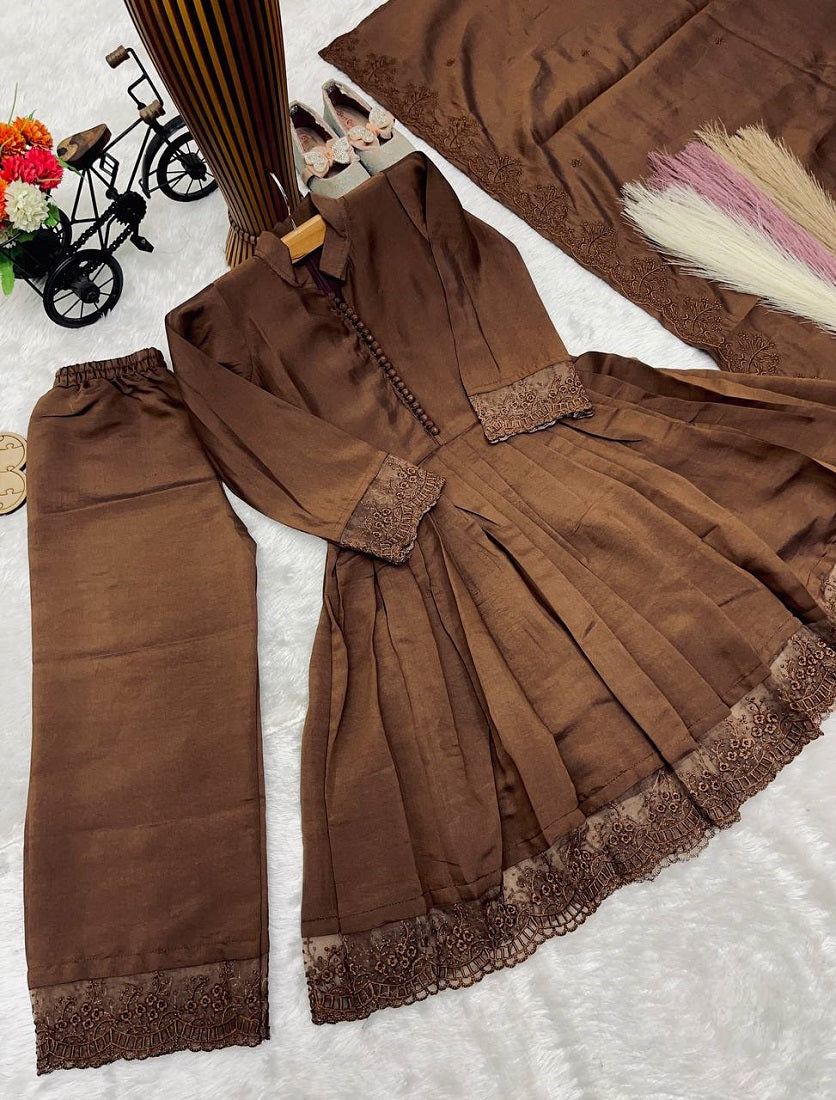 Evanik Girls Brown Roman Silk Pleated Anarkali Kurta with Palazzo & Dupatta Set | Grocsy