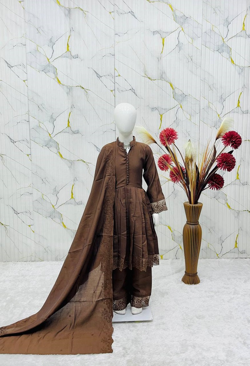 Evanik Girls Brown Roman Silk Pleated Anarkali Kurta with Palazzo & Dupatta Set | Grocsy
