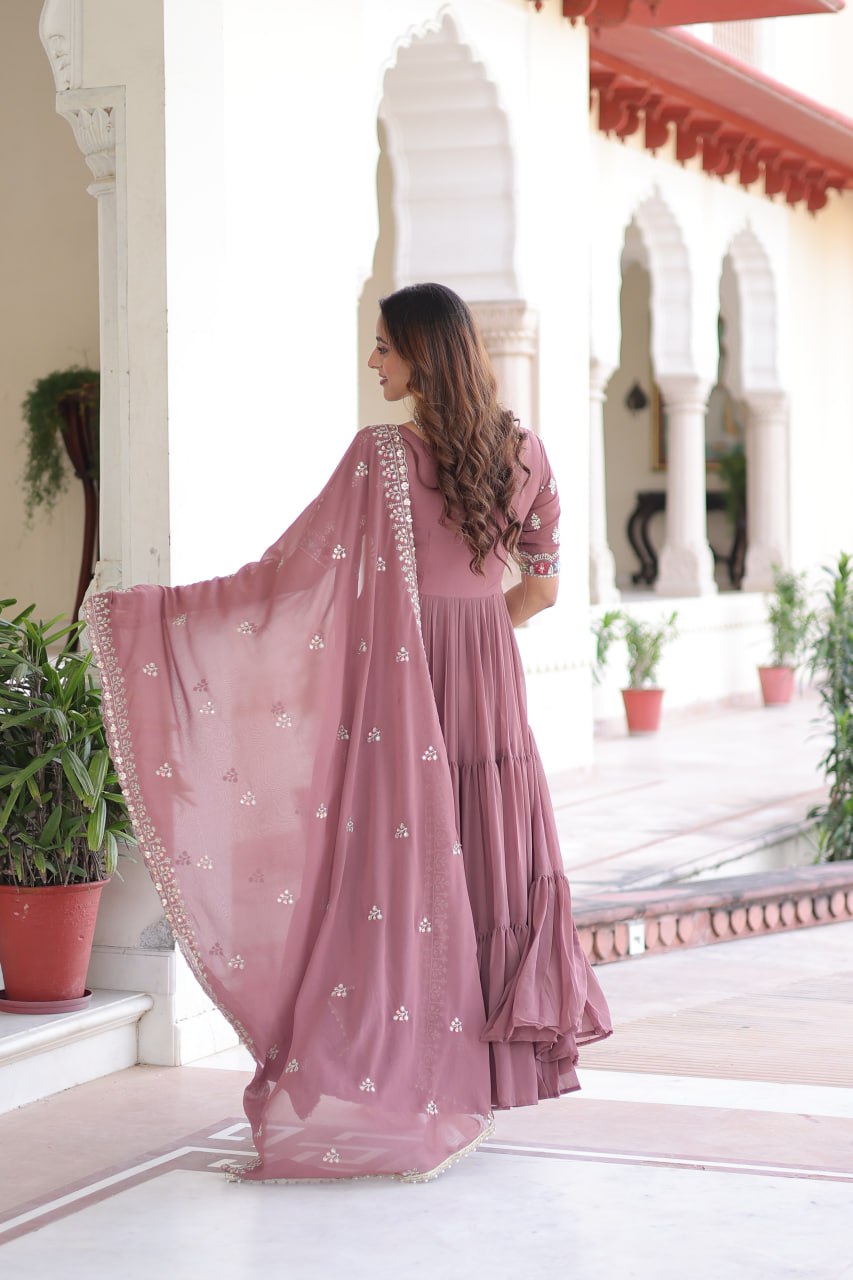 Evanik Women Faux Blooming With Beads Embroidery Work Gown Dupatta Collection | Grocsy
