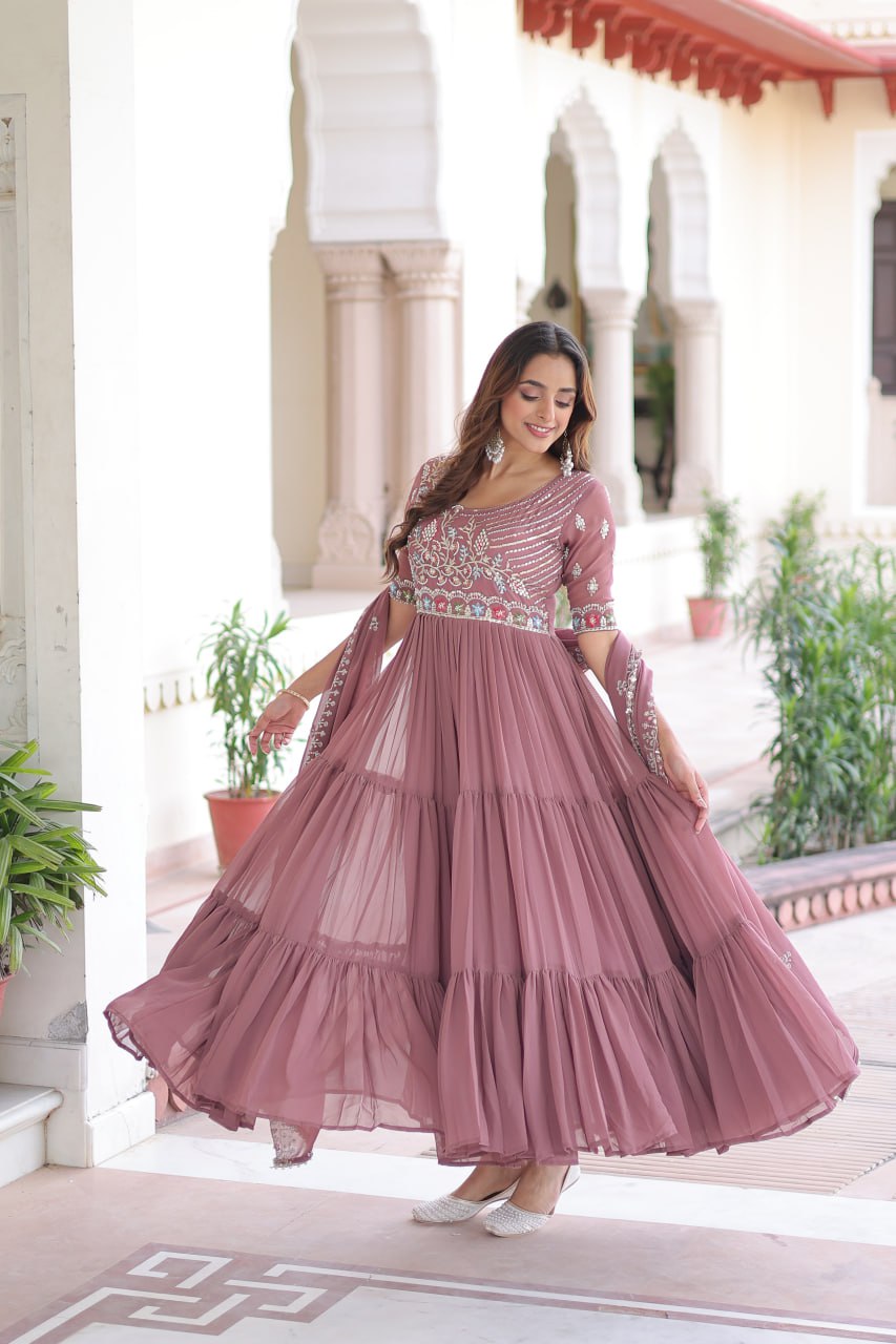 Evanik Women Faux Blooming With Beads Embroidery Work Gown Dupatta Collection | Grocsy