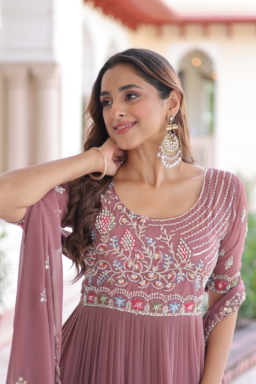 Evanik Women Faux Blooming With Beads Embroidery Work Gown Dupatta Collection | Grocsy