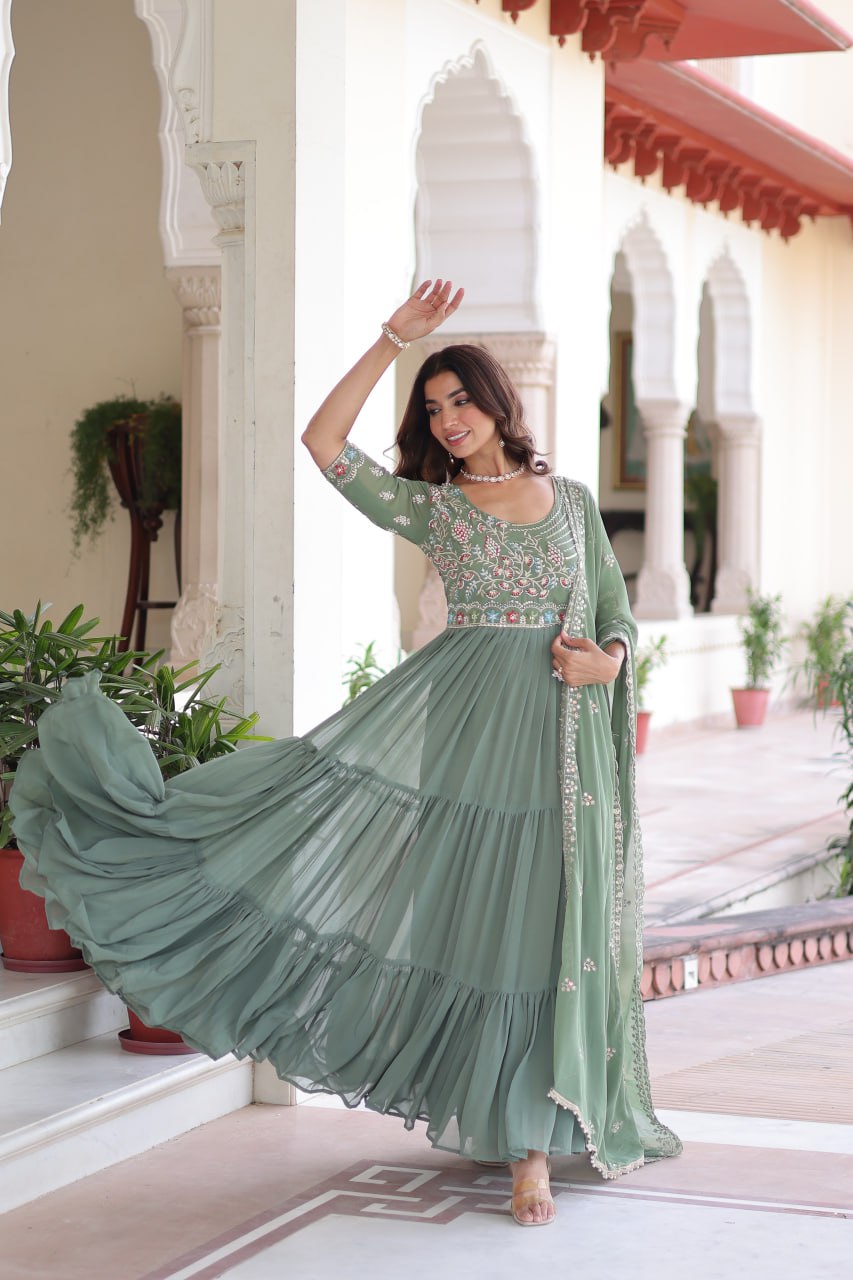 Evanik Women Faux Blooming With Beads Embroidery Work Gown Dupatta Collection | Grocsy