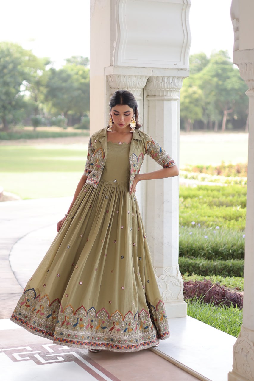 Evanik Women Vichitra Silk With Sequins, Zari & Thread Embroidered work Gown With Stylish Koti | Grocsy