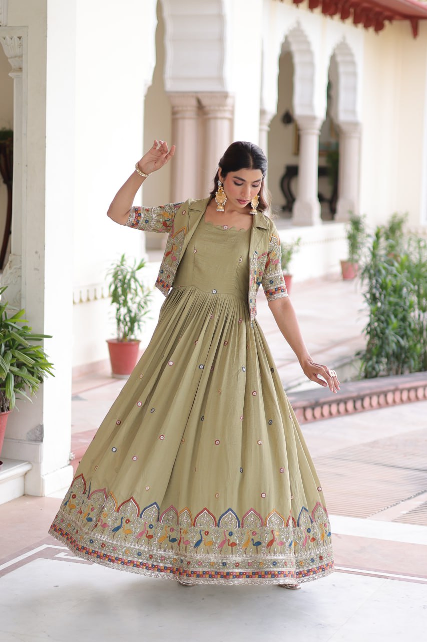 Evanik Women Vichitra Silk With Sequins, Zari & Thread Embroidered work Gown With Stylish Koti | Grocsy