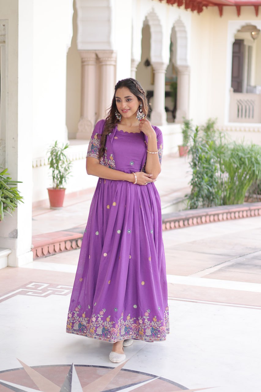 Evanik Women Vichitra Silk With Sequins, Zari & Thread Embroidered work Gown With Stylish Koti | Grocsy