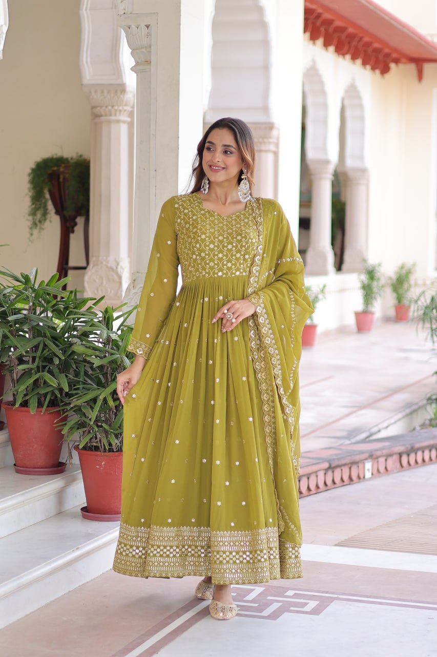 Evanik Mehendi Faux Georgette with Rich Sequins & Zari Embroidered work Gown | Grocsy