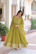 Evanik Mehendi Faux Georgette with Rich Sequins & Zari Embroidered work Gown | Grocsy