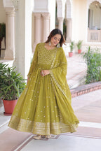 Evanik Mehendi Faux Georgette with Rich Sequins & Zari Embroidered work Gown | Grocsy