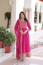 Evanik Rani Pink Faux Georgette with Rich Sequins & Zari Embroidered work Gown | Grocsy