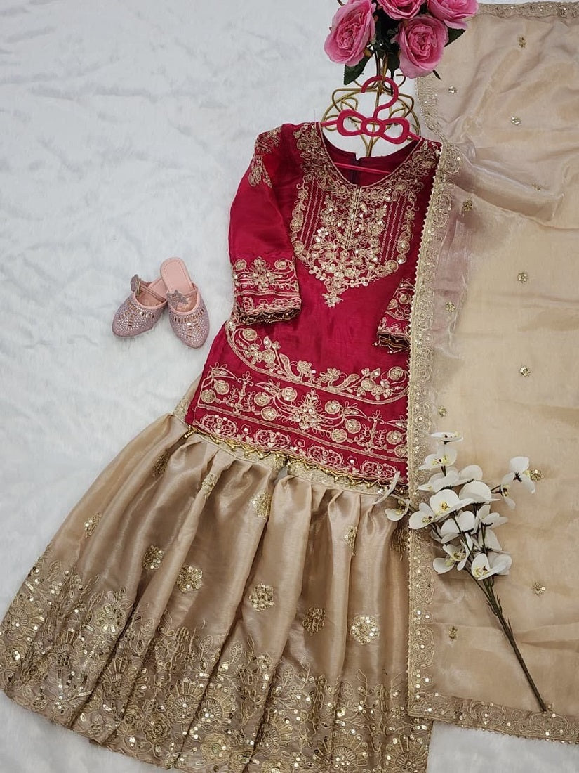 Evanik Red Girls Embroidered Silk Kurta With Sharara And Dupatta Set | Grocsy
