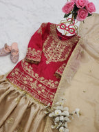 Evanik Red Girls Embroidered Silk Kurta With Sharara And Dupatta Set | Grocsy