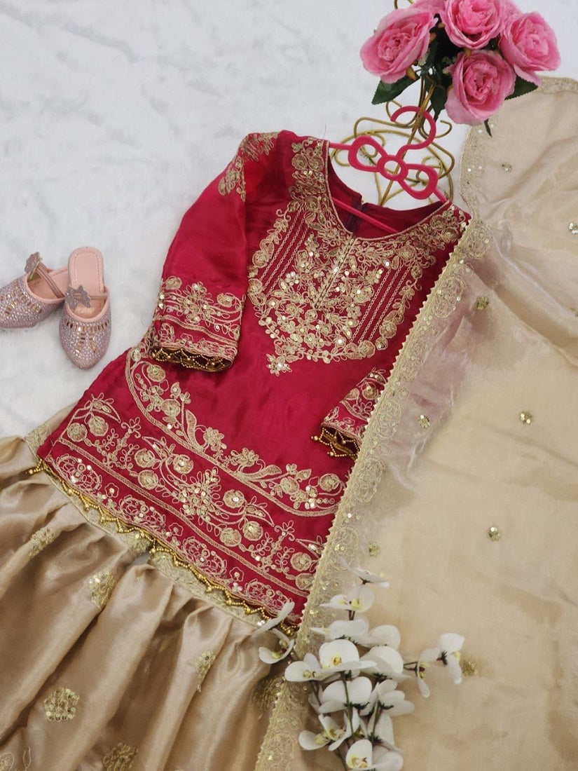 Evanik Red Girls Embroidered Silk Kurta With Sharara And Dupatta Set | Grocsy