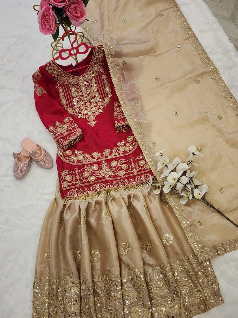 Evanik Red Girls Embroidered Silk Kurta With Sharara And Dupatta Set | Grocsy