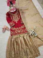 Evanik Red Girls Embroidered Silk Kurta With Sharara And Dupatta Set | Grocsy