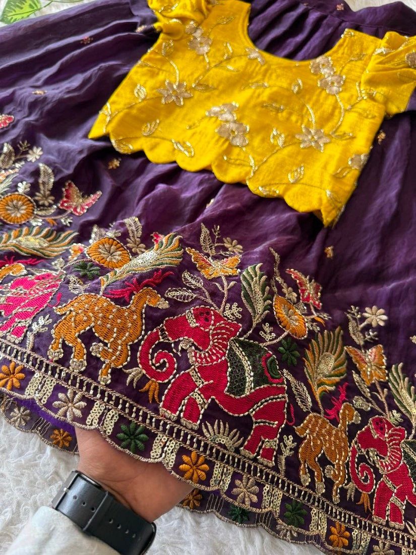 Evanik Yellow Space Silk Elephant Mission Embroidered Work Kids Lehenga Choli Set | Grocsy