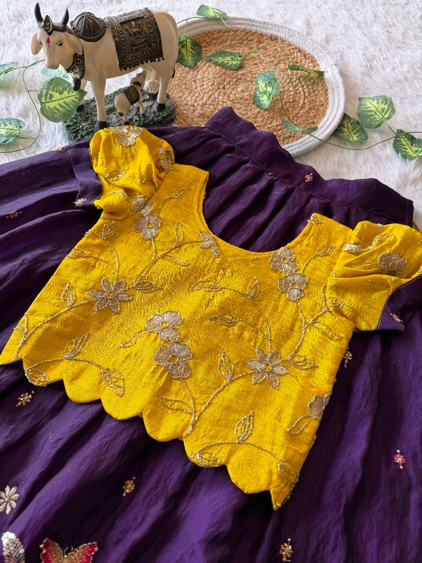 Evanik Yellow Space Silk Elephant Mission Embroidered Work Kids Lehenga Choli Set | Grocsy