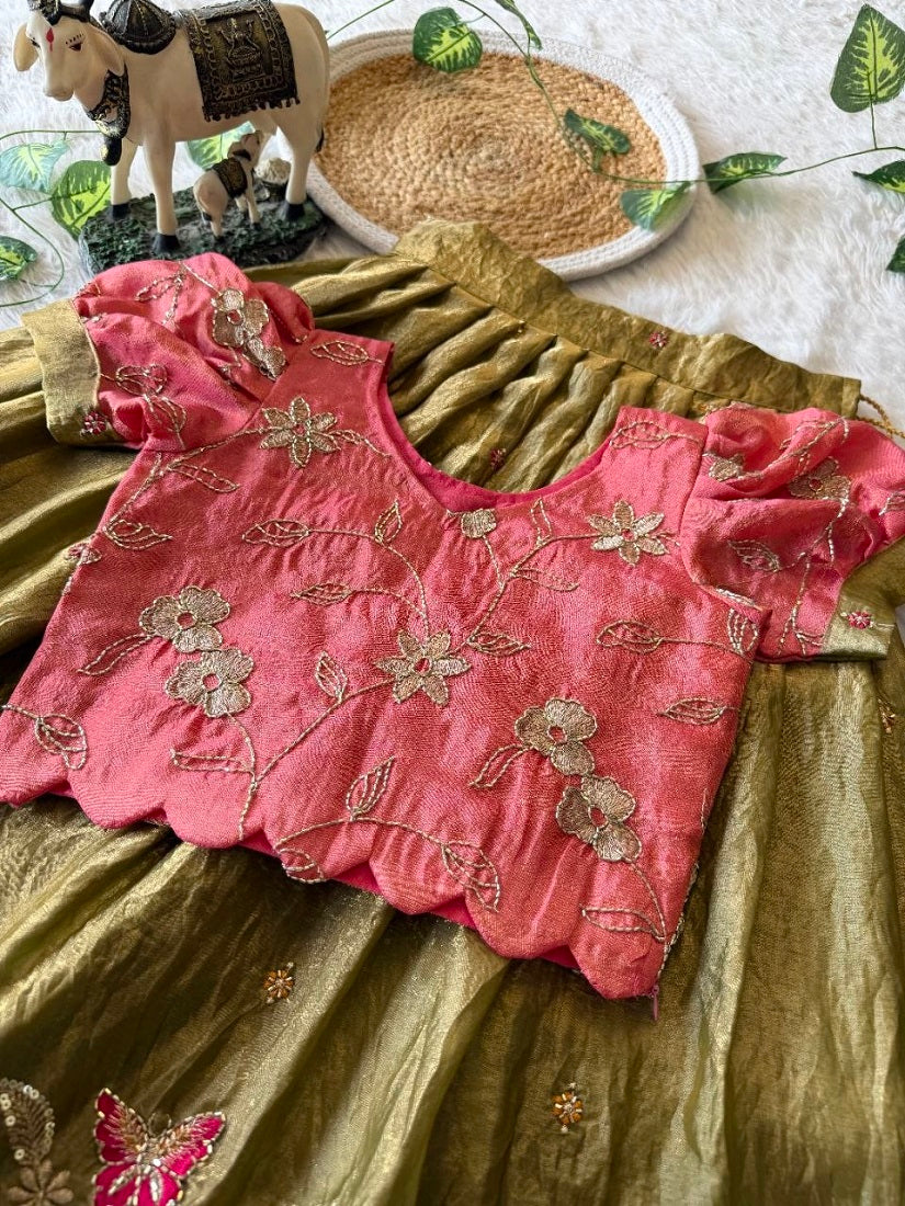 Evanik Pink Space Silk Elephant Mission Embroidered Work Kids Lehenga Choli Set | Grocsy