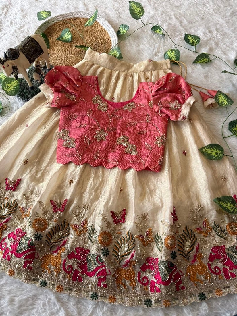 Evanik Pink Space Silk Elephant Mission Embroidered Work Kids Lehenga Choli Set | Grocsy