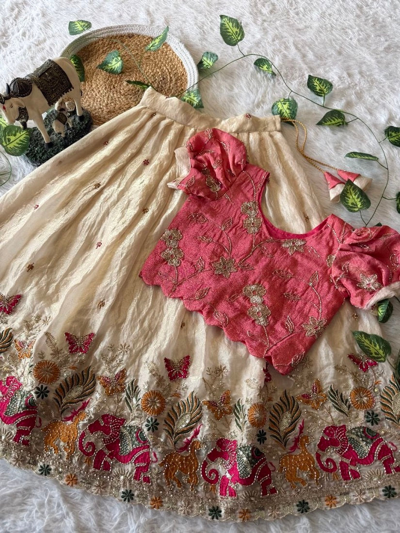 Evanik Pink Space Silk Elephant Mission Embroidered Work Kids Lehenga Choli Set | Grocsy