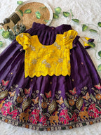 Evanik Yellow Space Silk Elephant Mission Embroidered Work Kids Lehenga Choli Set | Grocsy