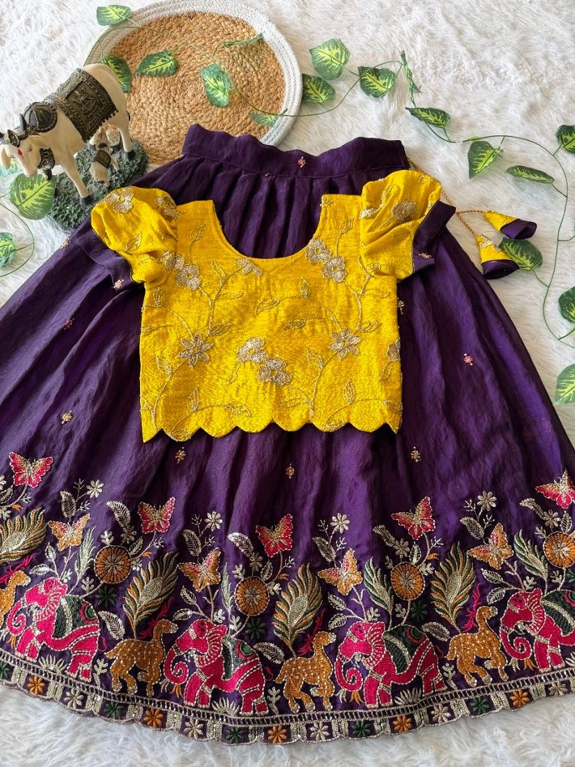 Evanik Yellow Space Silk Elephant Mission Embroidered Work Kids Lehenga Choli Set | Grocsy