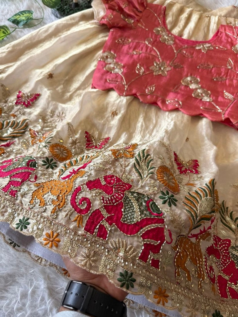 Evanik Pink Space Silk Elephant Mission Embroidered Work Kids Lehenga Choli Set | Grocsy