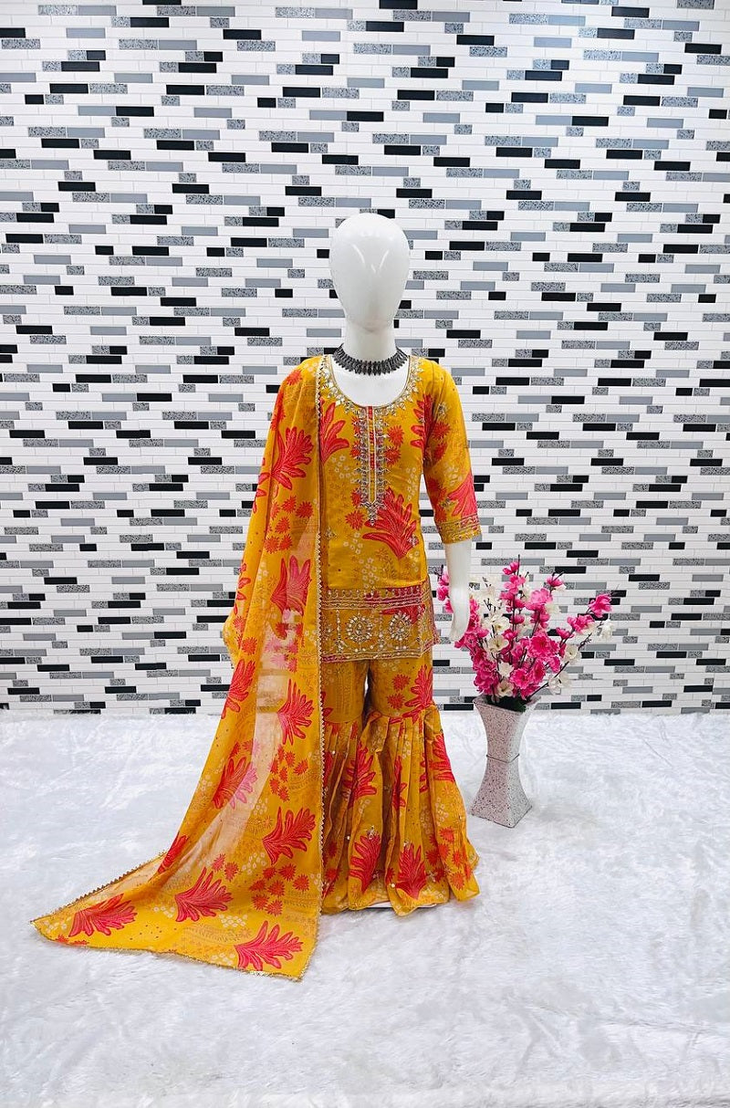 Evanik Yellow Faux Georgette Digital Print With Embroidered Work Kids Sharara Set | Grocsy