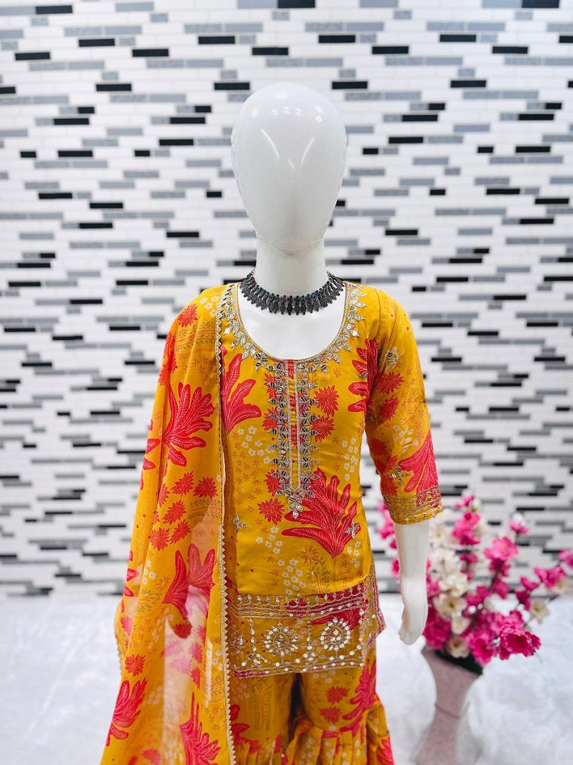 Evanik Yellow Faux Georgette Digital Print With Embroidered Work Kids Sharara Set | Grocsy