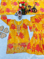 Evanik Yellow Faux Georgette Digital Print With Embroidered Work Kids Sharara Set | Grocsy