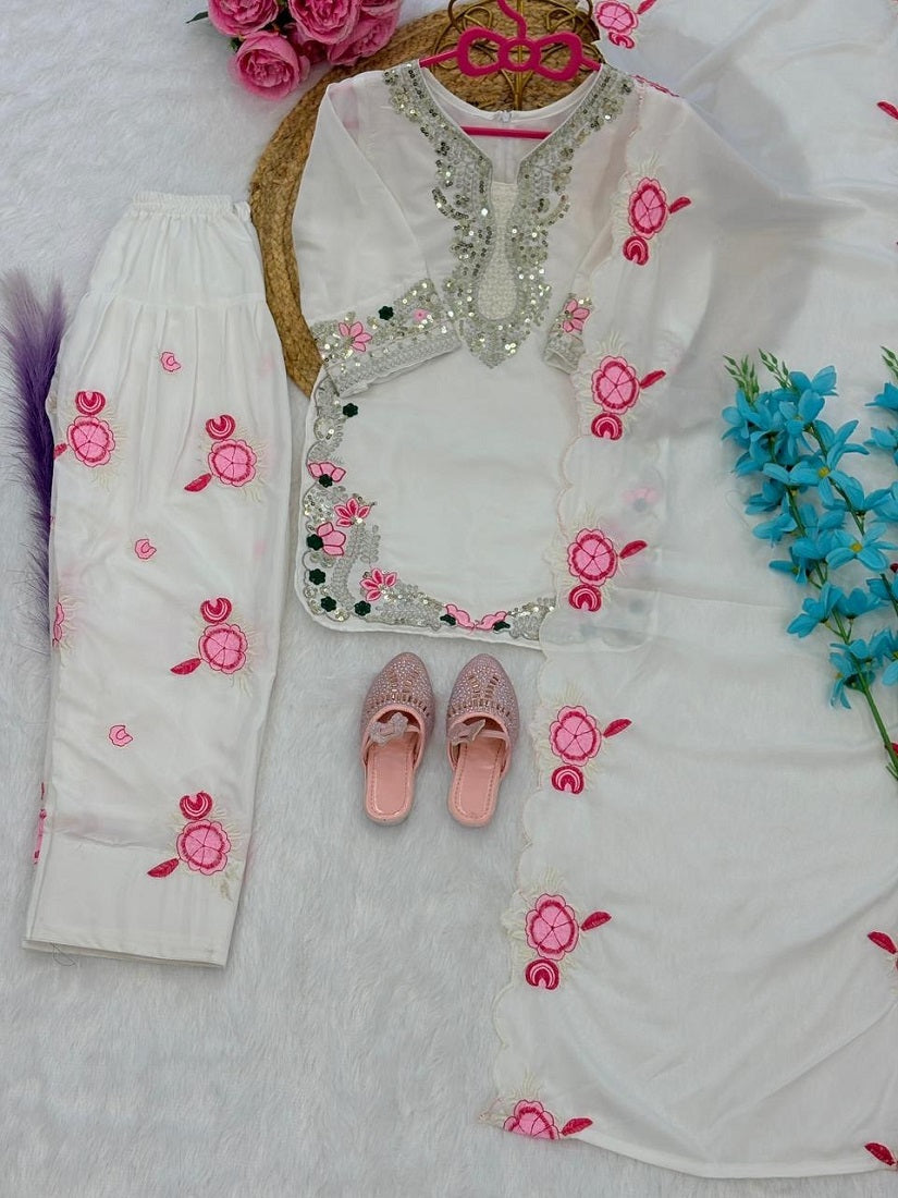 Evanik White Designer Party Wear Heavy Natural Crep Kids Patiala Set | Grocsy