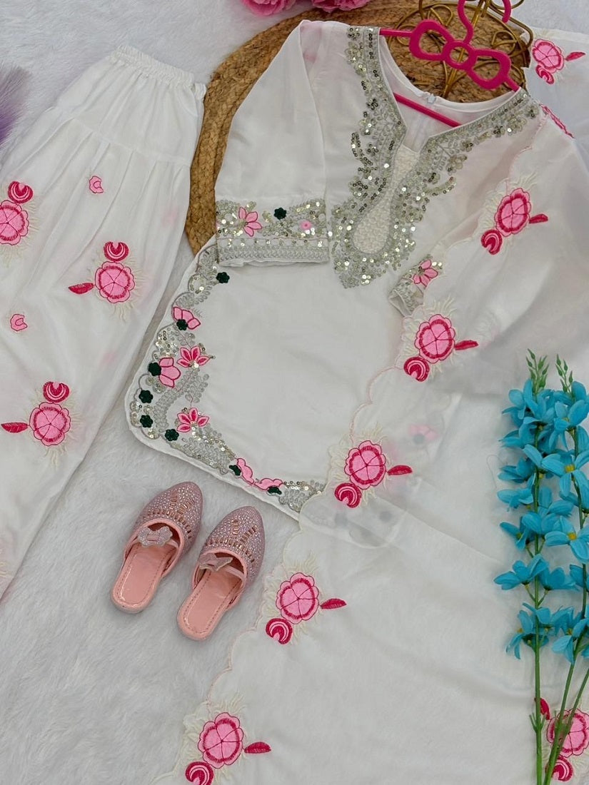 Evanik White Designer Party Wear Heavy Natural Crep Kids Patiala Set | Grocsy
