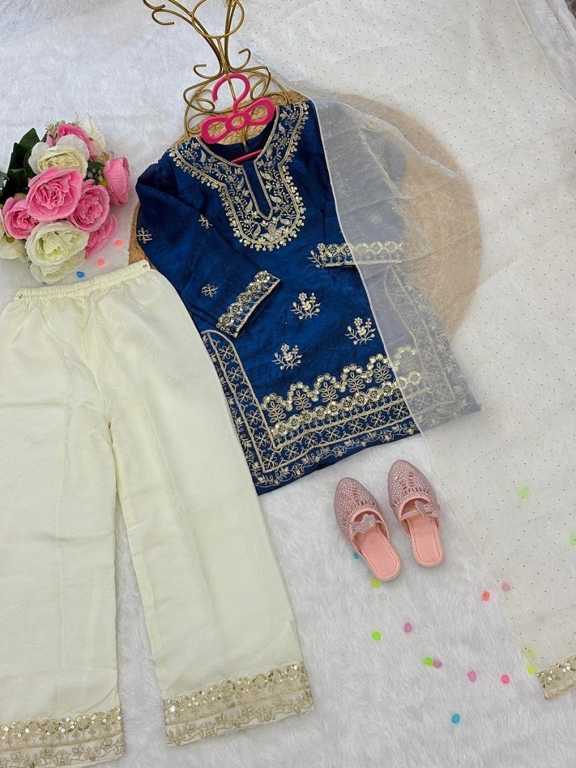Evanik Traditional Royal Blue & Gold Embroidered Girls' Festive Suit | Grocsy