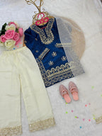 Evanik Traditional Royal Blue & Gold Embroidered Girls' Festive Suit | Grocsy