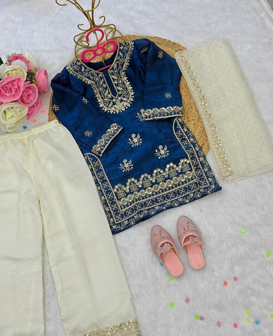 Evanik Traditional Royal Blue & Gold Embroidered Girls' Festive Suit | Grocsy