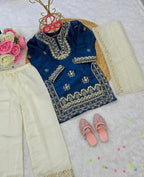 Evanik Traditional Royal Blue & Gold Embroidered Girls' Festive Suit | Grocsy