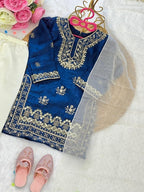 Evanik Traditional Royal Blue & Gold Embroidered Girls' Festive Suit | Grocsy