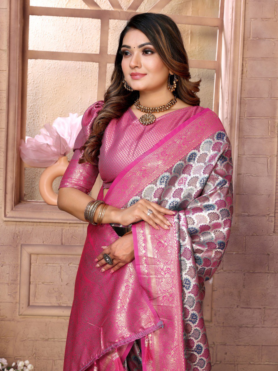 Anaita Rani Pink Banarasi Chaturi Silk With Weaving Saree With Blouse | Grocsy